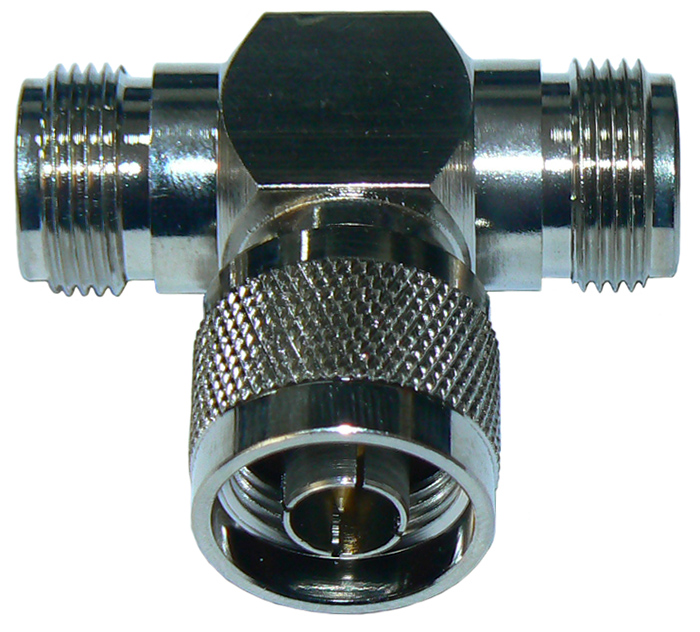 N-type female to N-type female to N-type male ‘T’ style adaptor, DC-11 GHz, 50 Ohms – nickel plated